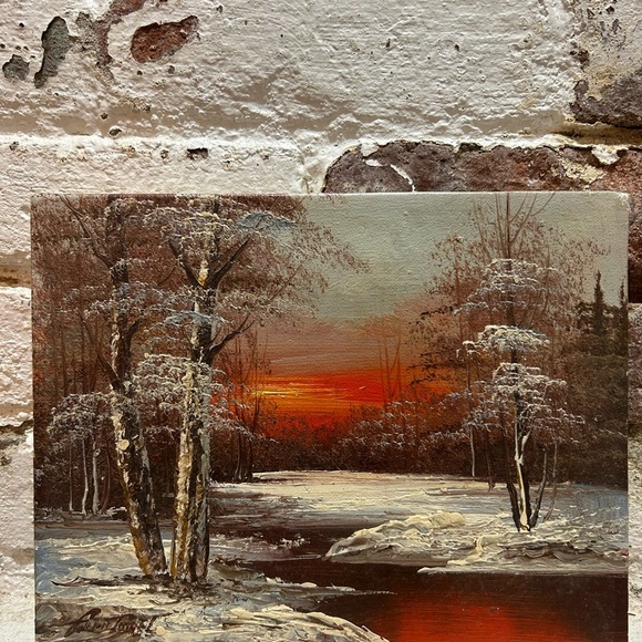Other - Vintage Original Oil Painting of the Sunset on the River in Winter.
